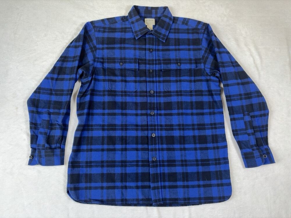 LL Bean Mens Large Blue Plaid Flannel Shirt Heavyweight